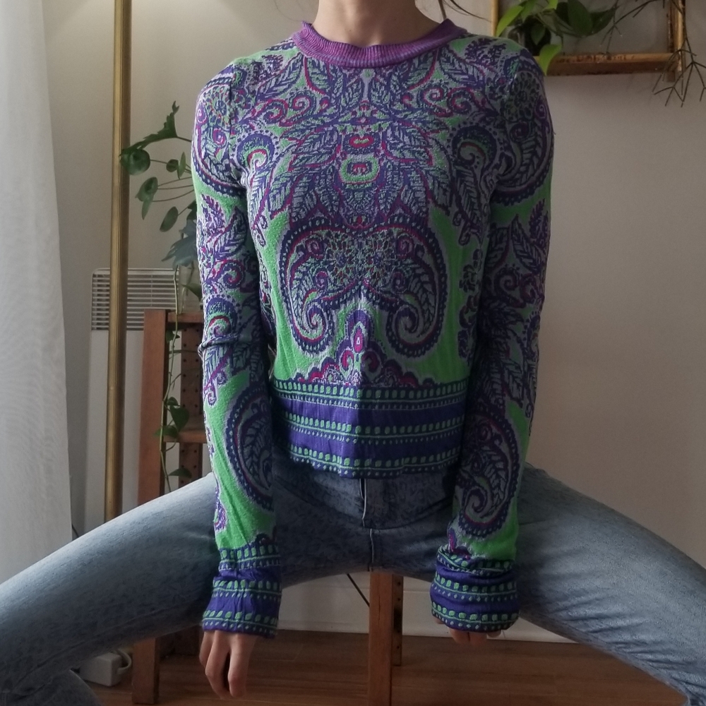Free People Crew Neck Sweater Purple Green Small Fitted Fall Cozy Paisley
